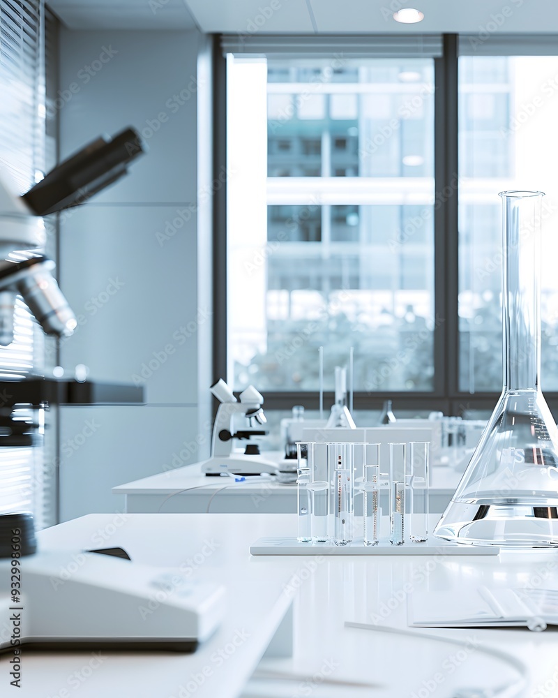 Poster a modern laboratory with microscope on the table