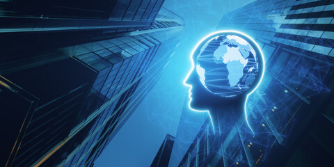 Creative glowing blue world map inside head outline hologram on dark blurry city background. Think, business, brainstorm and global technologies concept. Double exposure.
