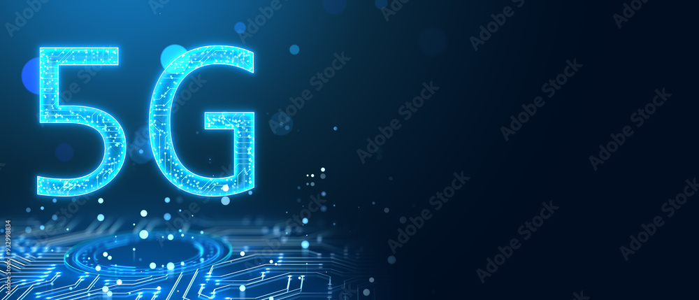 Aufkleber glowing 5G circuit hologram on blurry wide bokeh circles background with mock up place. Mobile internet speed concept. 3D Rendering.