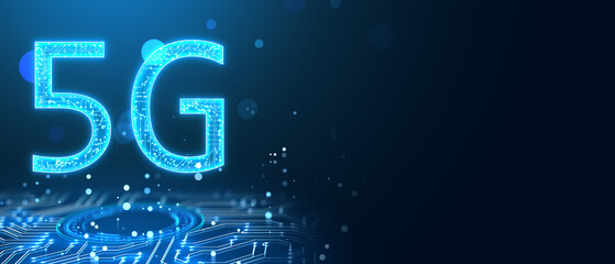 glowing 5G circuit hologram on blurry wide bokeh circles background with mock up place. Mobile internet speed concept. 3D Rendering.
