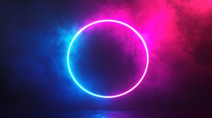 Fototapeta premium Neon circular light glowing in a misty environment at night