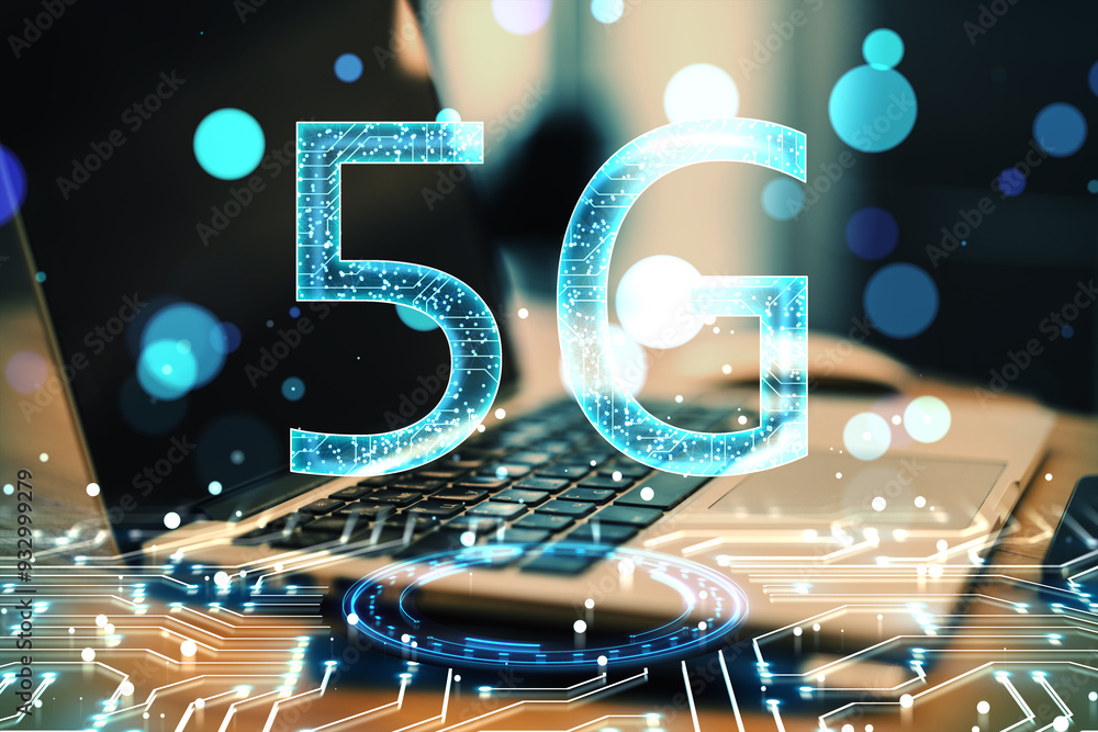Poster Close up and side view of laptop with glowing 5G circuit hologram on blurry bokeh circles background. Mobile internet speed concept. Double exposure.