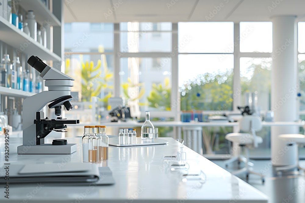Poster a modern laboratory with microscope on the table