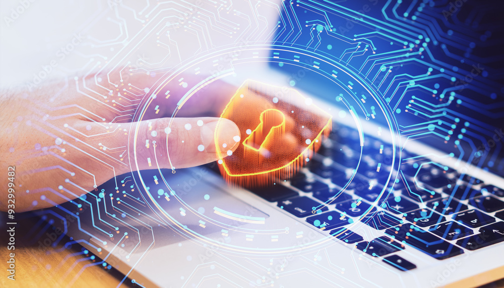 Poster Close up of male hands using laptop keyboard with glowing digital padlock in circular tech hologram on blurry background. Security and protection concept. Double exposure.