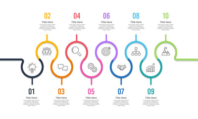 10 Business Process Data Infographic Design Templates. 10 Year Company growth path. Presentation, Planning, Marketing and Information. Vector Illustration.