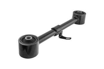 Front lower control arm isolated. New car wheel suspension arm isolated on white background. Quality spare parts for car service or maintenance