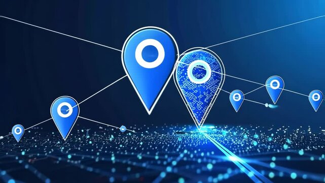 Abstract blue location point or map pin on path digital marketing technology tech innovation.