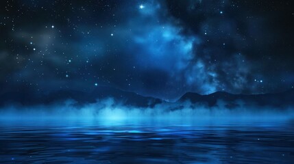 Naklejka premium Nighttime Landscape with a Starry Sky and a Reflective Lake