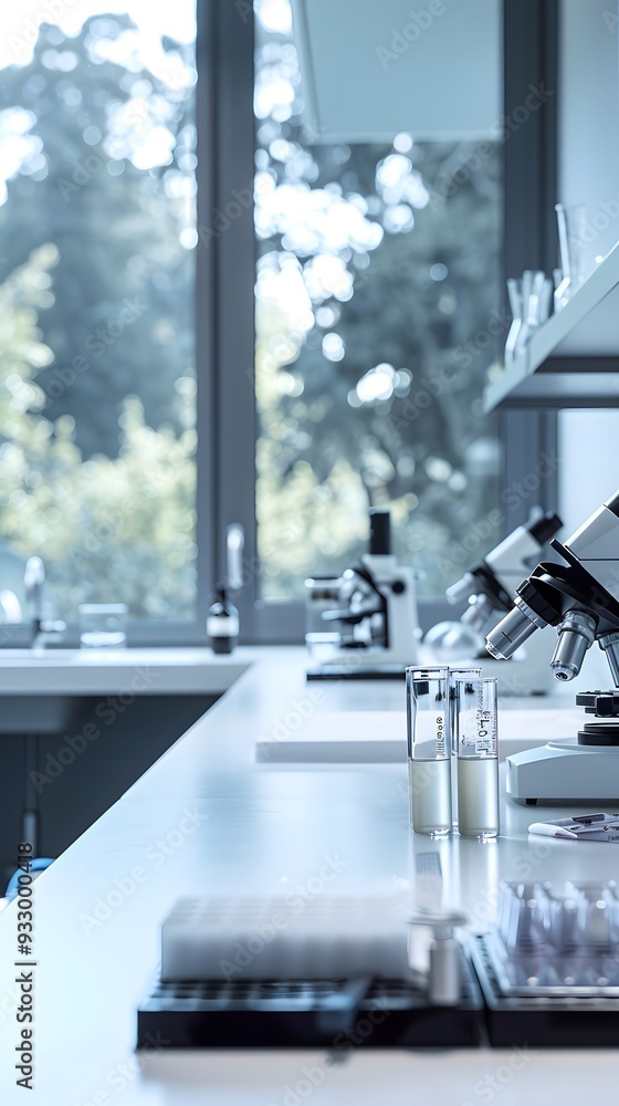 Poster a modern laboratory with microscope on the table