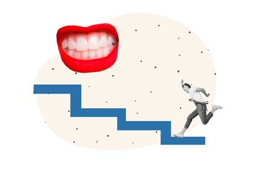 Composite trend artwork 3D sketch photo collage of miniature young man run fast moving ladder stairs career promotion huge woman lips boss