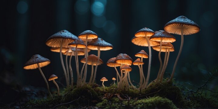Bioluminescent mushrooms in a dark forest.