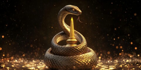 Obraz premium Elegant Nag Panchami Design: Abstract Cobra Coiled Around Shiva Lingam. Creative Snake Zodiac Celebration for 2025 Indian Festival. Minimalist Cultural Art with Gradient Texture for UI, Posters, and 4