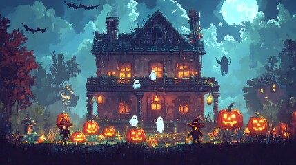Pixel Art Haunted House Halloween Illustration