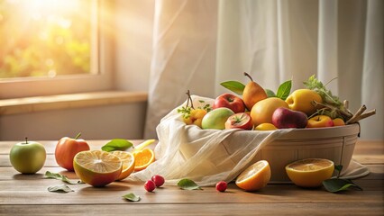 ethereal minimalist still life organic compostable fruit waste reduction neutral pastel hues soft natural morning light delicate introspective eco friendly message