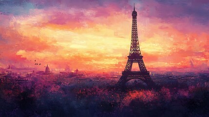 Eiffel Tower Sunset Painting: Paris, France
