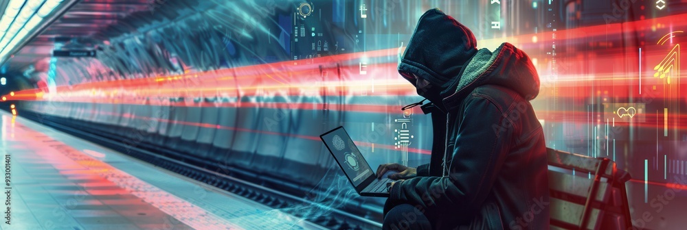 Poster a hacker uses a laptop in a busy metro station, emphasizing the vulnerabilities of public wi-fi netw