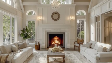 Naklejka premium An elegant living room in a new luxury home in a traditional style. Elegant furnishings, vaulted ceilings, fireplace, and roaring fire. Generative AI.