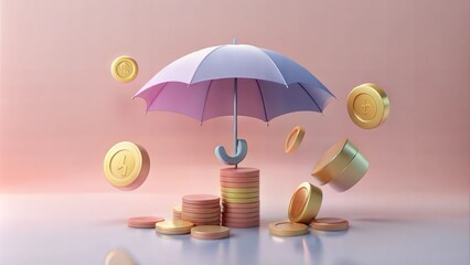 3D money coin saving on umbrella. Insurance protection with bundles cash and floating coins exchange with finance business concept, earning investment. 3d money  rendering illustration