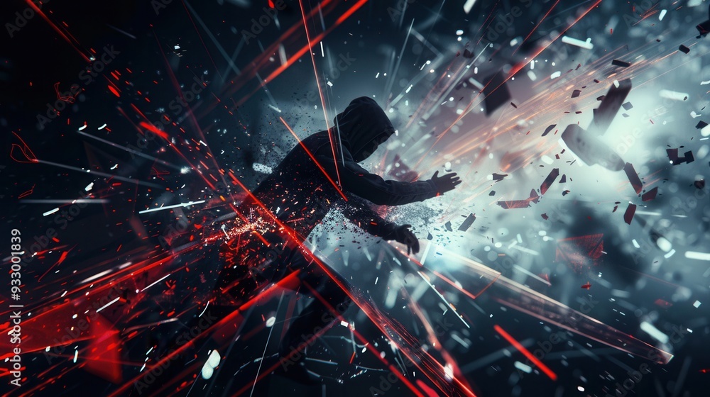 Leinwandbilder a hacker breaks through a digital shield as fragments scatter, representing a cybersecurity breach i