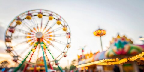 Blurred background of colorful fair rides and attractions at a summer fair.
