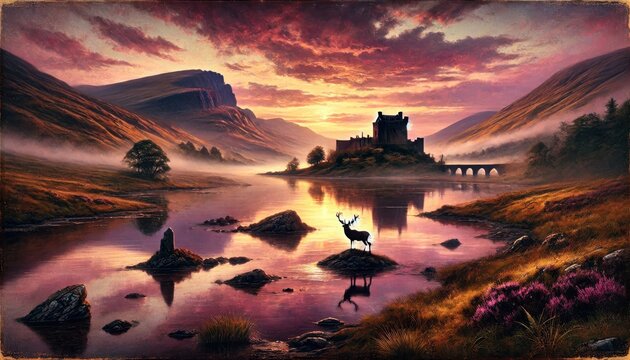 A sunrise in Scottish Highlands, mist rises from tranquil loch, revealing a distant castle.jpeg