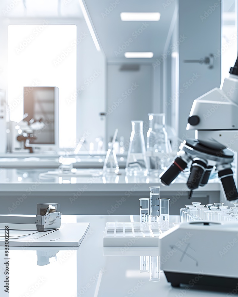 Poster a modern laboratory with microscope on the table