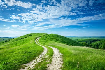 Tranquil green hills on a sunny day with a winding path on the hilltop, picturesque landscape