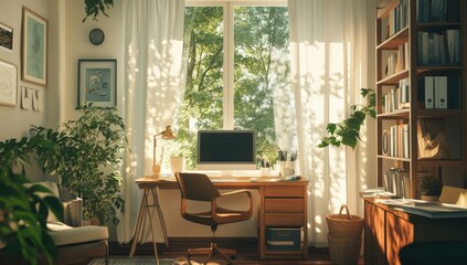 Sunny home office with desk, chair, and bookshelves.