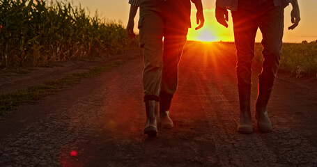 Legs of two farmers in boots walking on a dusty road through fields at sunset.