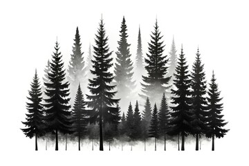 Obraz premium Trees rise from a misty plain, strong and silent, their shapes softened by a veil of fog, as if painted in ink on a moonlit night.
