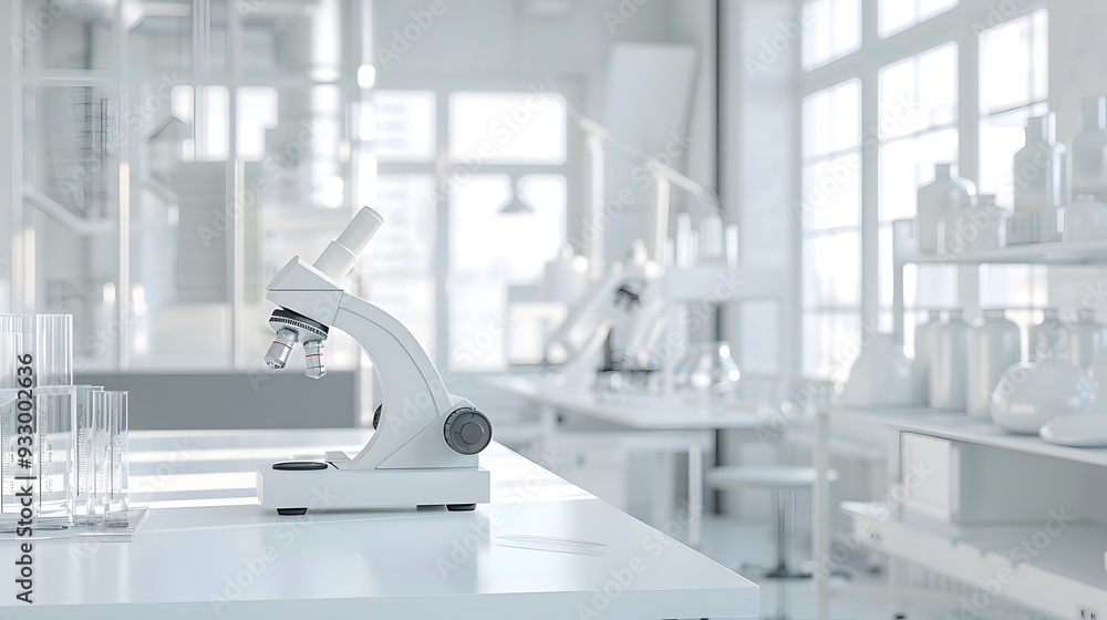 Poster a modern laboratory with microscope on the table