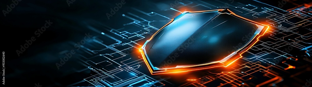Poster tilted perspective of an abstract, futuristic graphic shield with sharp edges and glowing accents, s