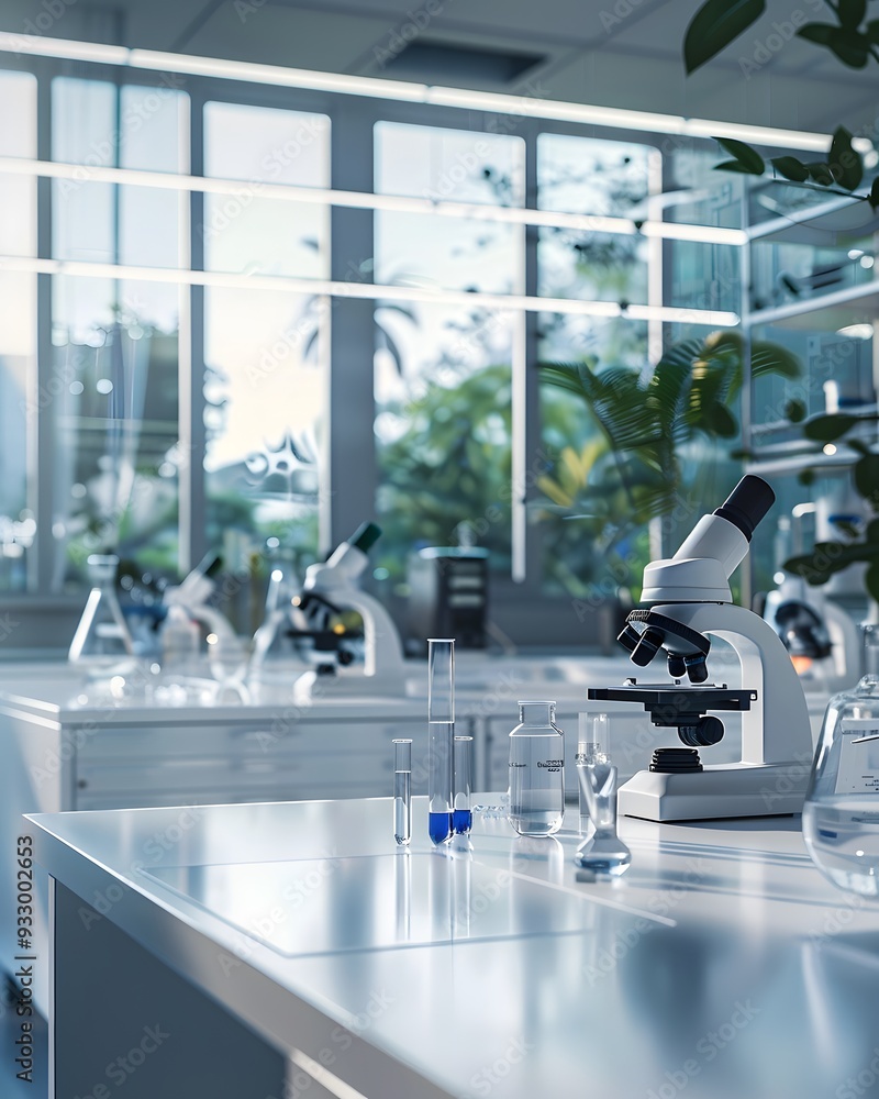 Poster a modern laboratory with microscope on the table