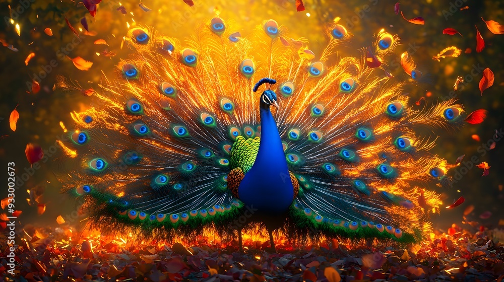Poster peacock displaying its feathers in golden light.