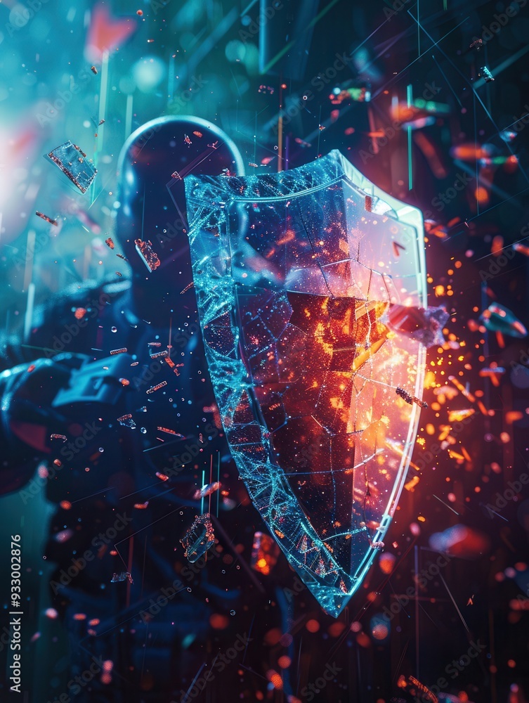Poster a hacker is breaking through a digital shield, with shield fragments scattering around in a vibrant 