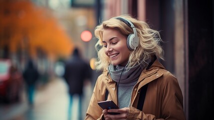 Fototapeta premium smiling woman with headphones and phone on the street in autumn