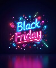 Bright neon Black Friday sale sign with colorful illustrations in a dark setting