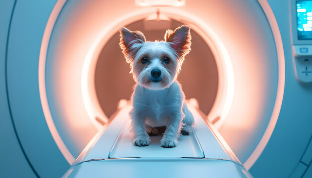 Cute dog sitting on the MRI and waiting for the procedure isolated with white highlights,