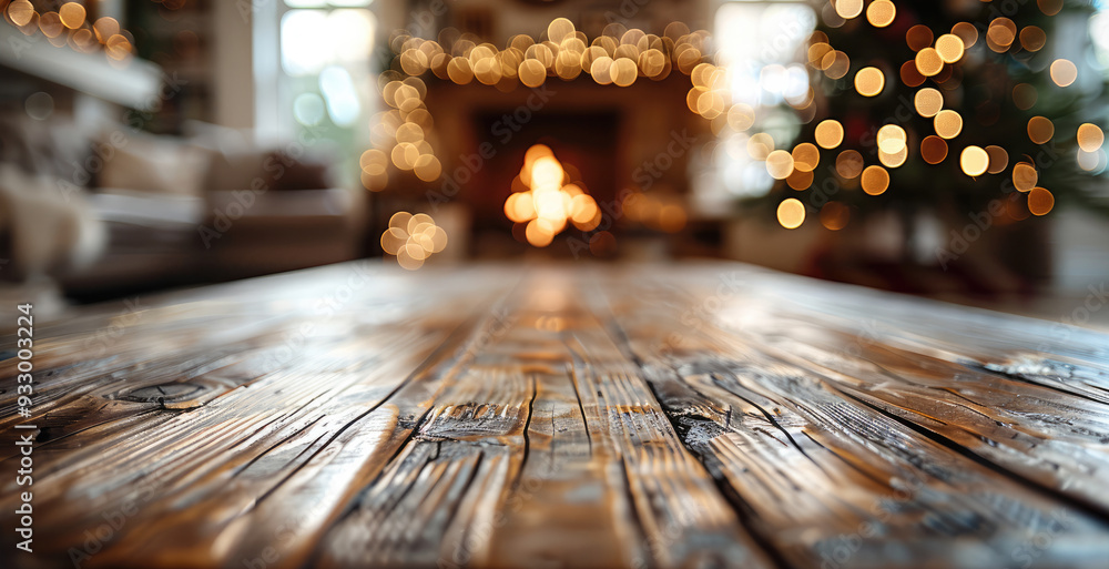 Poster Empty wooden table top with blurred background of Christmas tree and fireplace in the living room. Generative AI.