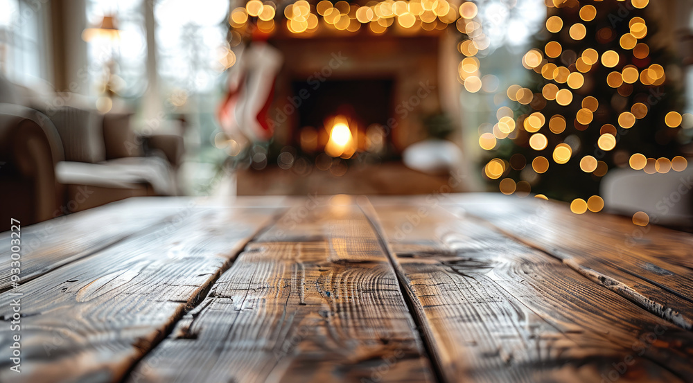 Poster Empty wooden table top with blurred background of Christmas tree and fireplace in the living room. Generative AI.