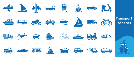 Transport icons set. Auto, bus, train, ship, plane and on foot. Public, travel and delivery transport icons. Vector illustration.