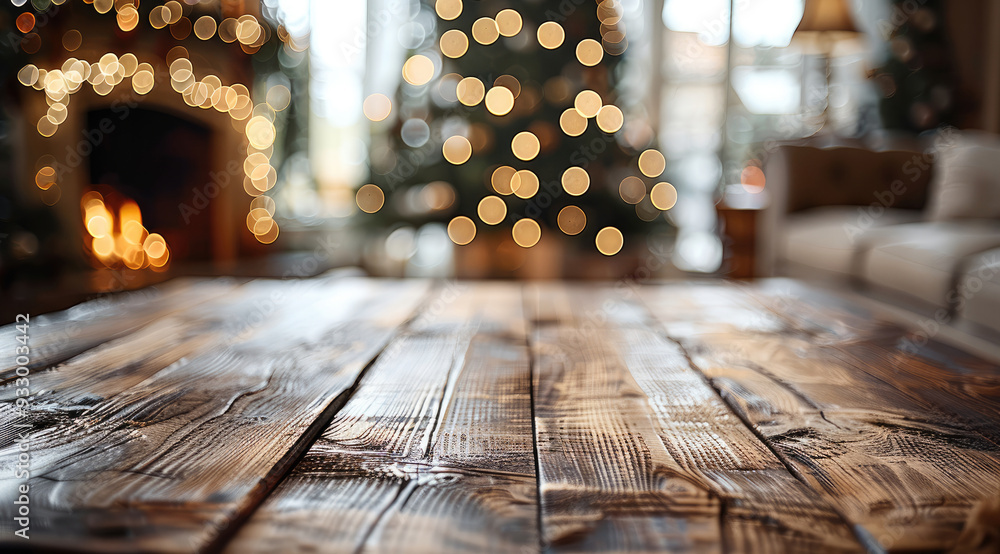 Poster Empty wooden table top with blurred background of Christmas tree and fireplace in the living room. Generative AI.