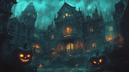 Spooky Halloween Mansion with Jack-o'-Lanterns