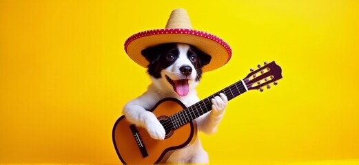 A charming dog in a sombrero plays guitar against a sunny yellow backdrop, perfect for Cinco de Mayo celebrations and related promotional materials with copy space.