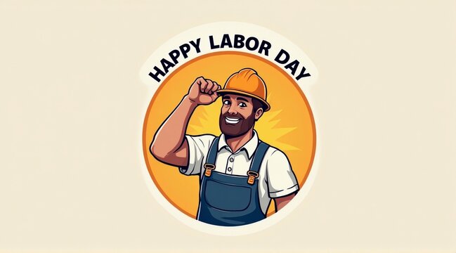 Cartoon logo depicting a cheerful worker celebrating Labor Day, ideal for banners, cards, and posters with copy space.