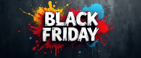 Black Friday advertisement with colorful splashes promoting sales and discounts