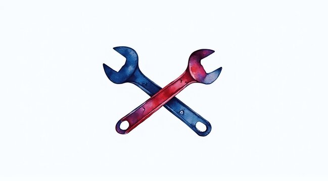 Hand-painted watercolor wrenches crossed on a white background, ideal for Labor Day celebration designs, DIY promotions, and handyman services with copy space.