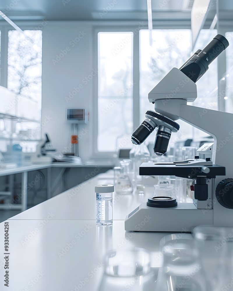 Poster a modern laboratory with microscope on the table