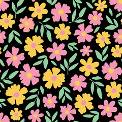 Simple floral vector seamless pattern. Small pink, orange flowers, green foliage on a black background. For fabric prints, textile products, summer clothes.