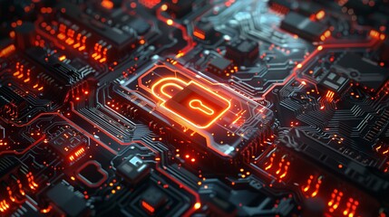 padlock glowing on a dark circuit board background, symbolizes cybersecurity and the protection of digital data